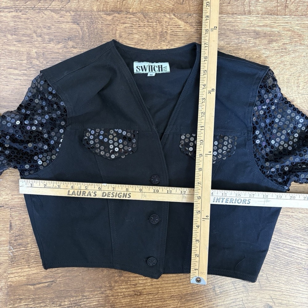 Vintage 80s Black Sequin Embellished Cropped Bolero Jacket Brand Switch Medium - Picture 7 of 10